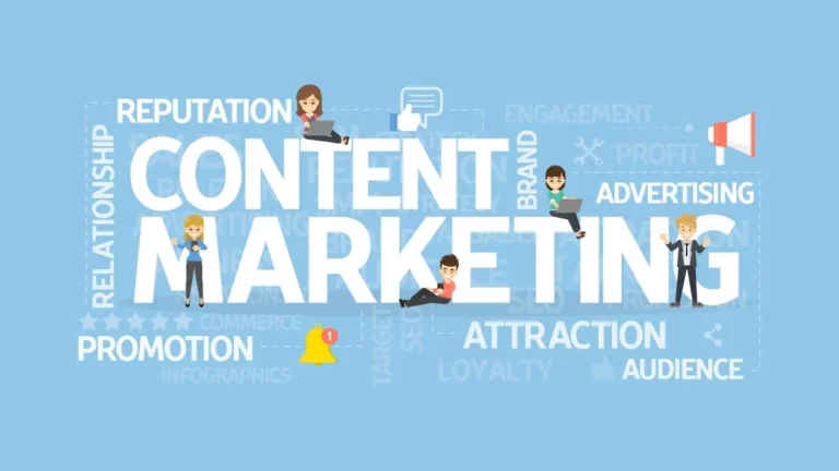 Illustration graphique du marketing de contenu avec un consultant en marketing digital